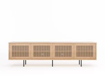 Long Oak TV Stand, Mid Century Modern Media Console with Slatted Doors