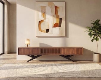 Walnut TV Stand Mid Century Modern Media Console with Slatted Door