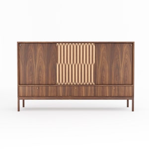 Walnut buffet with inlaid sliding doors and three drawers in mid century modern style, credenza, dresser, commode, sideboard