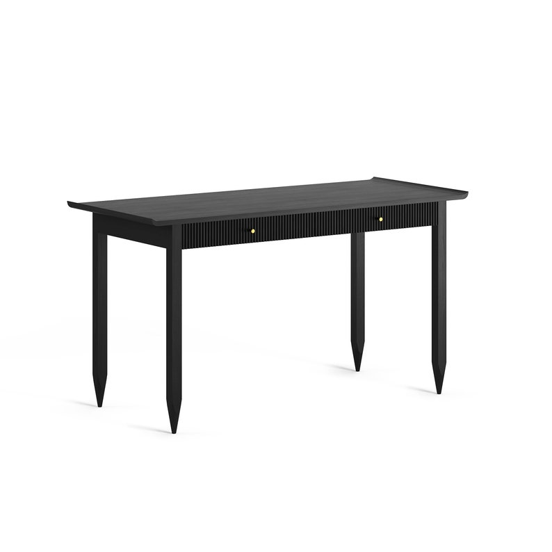 Black Oak Office Desk With Slatted Wood Fronts of Drawers, Mid Century