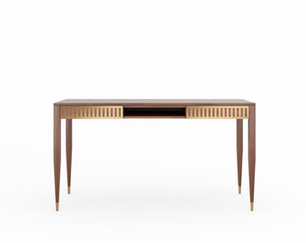 Walnut office desk with two solid walnut drawers and shelf with brass fronts, home office desk, modern, writing desk, solid walnut desk