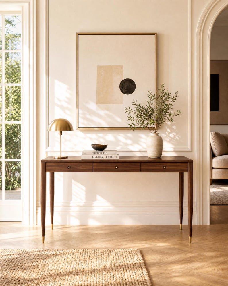 Walnut Writing Desk With Brass Details and Three Drawers in Mid Century ...