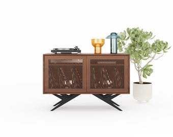 Suporte para toca-discos em nogueira, console de armazenamento de vinil estilo moderno de meados do século.