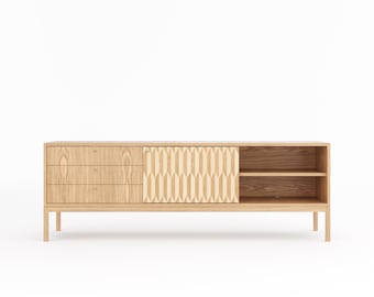 Komoda dębowa w stylu Mid Century Modern z intarsjowanymi drzwiami i szafką pod telewizor