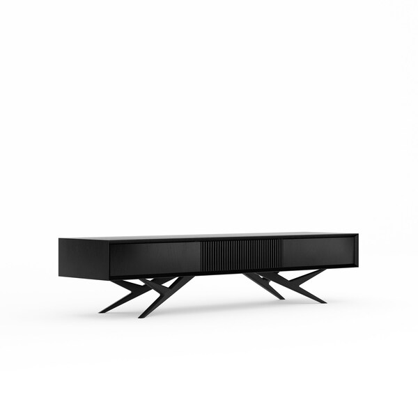 Long meuble TV en chêne noir avec porte à lattes, deux tiroirs et base de forme organique dans un style moderne du milieu du siècle, meuble bas, console multimédia centrale