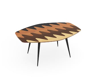 Mid Century Intarsia Coffee Table, Walnut Wood Top, Handmade Modern Table