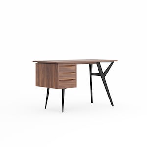 Schreibtisch aus Nussbaum mit organisch geformten Beinen und drei Schubladen, Mid Century Modern, Arbeitstisch, Schreibtisch, Computertisch, Sekretär