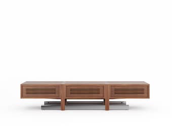 Handmade Walnut TV Stand – Mid-Century Modern Slatted Door Media Console