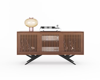 Long Walnut Record Player Stand with vinyl storage in Mid Century Modern Style, Media Console, Turntable Stand, TV stand