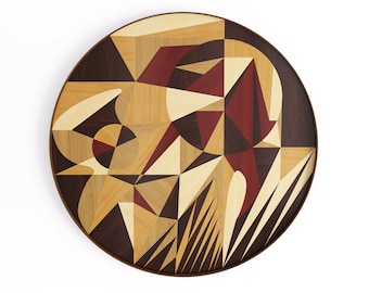 Geometric Marquetry Wall Art Circle – Inlaid Wood Wall Decor