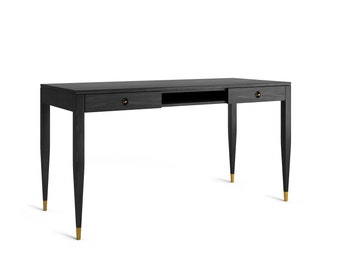 study table for home Black oak office desk with two solid oak drawers and shelf, mid century modern, study desk, home office desk, writing desk, solid oak desk