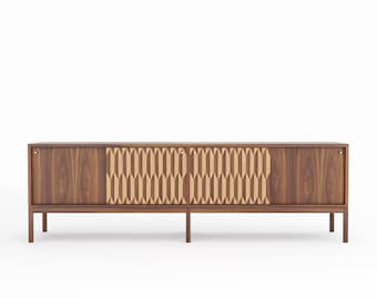 Walnut Sideboard, Mid Century Modern Credenza with Oak Inlay Doors