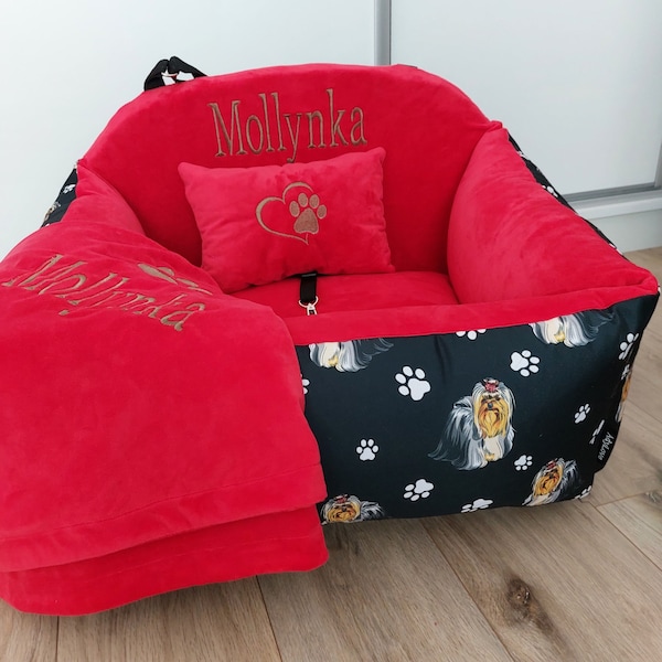Hunde-Autositz - Haustier-Autositz - Autositz für Hunde - Hundeträger - Haustierträger - Sitz für Hunde - Yorkshire-Terrier und roter personalisierter Autositz