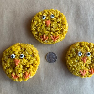 Gluten-Free Brown Butter and Sea Salt Chick Rice Crispy TreatsDecorated Easter Sugar Cookies with Quarter for size reference.