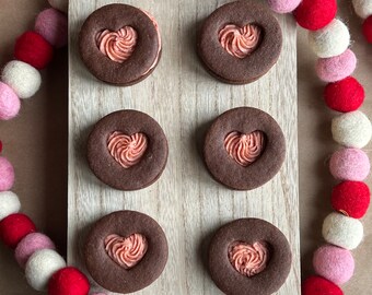 6 or 12 Chocolate & Strawberry Buttercream Sandwich Cookies - Gluten Free - Made with real strawberries - Valentine's Day Cookies