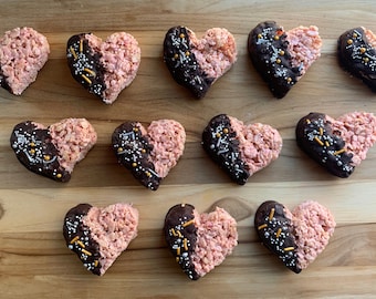 12 Heart Rice Crispy Treats - Valentine's Day - Gluten Free - Strawberry Dipped in Chocolate