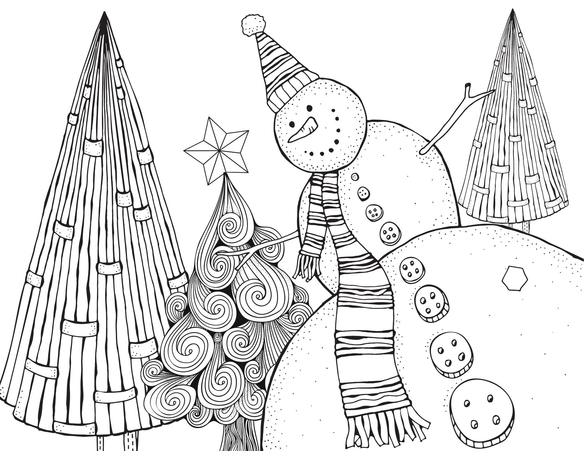 Christmas Color Page, 11x8.5 Instant Download, Snowman, Christmas Trees