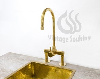 Unlacquered Brass Kitchen Bridge Faucet with Lever Handle, Antique Brass Bridge Kitchen Faucet