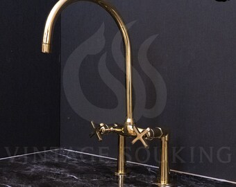 Unlacquered Brass Bridge Kitchen Faucet With Curved Legs And Flat Cross Handles
