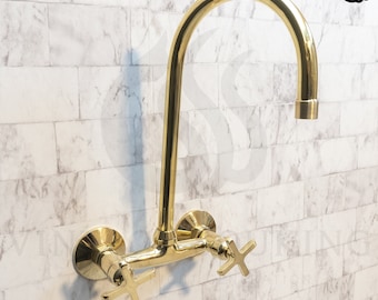 Unlacquered Brass wall Mounted Bridge Faucet, Bathroom & Kitchen Faucet, Customizable