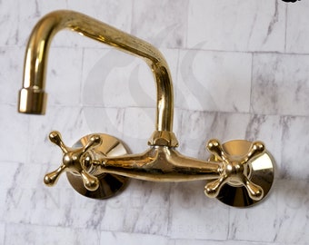 Wall Mounted Unlacquered Brass Faucet, Handcrafted Kitchen Faucet