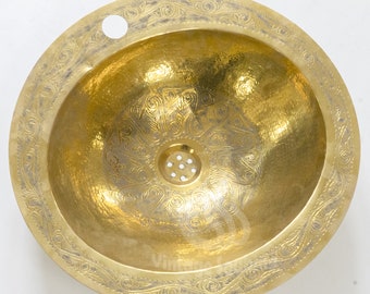Handcrafted Drop-in Sink With Single Hole Faucet, Engraved Brass Bath Sink