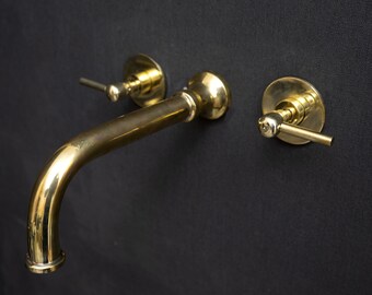 Handcrafted Unlacquered Brass Wall Mounted Faucet, Brass Faucet For Kitchen And Bathroom with Lever Handles