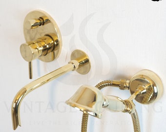 Antique Brass Wall Mount Tub Faucet With Hand Shower