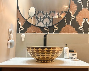Handcrafted Unlacquered Brass Vessel Sink With Brown and White Wood Decoration, Handmade Moroccan vessel sinks