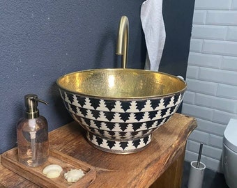 Handcrafted Brass & Wood Vessel Sink, Moroccan Handmade Bath Bowl
