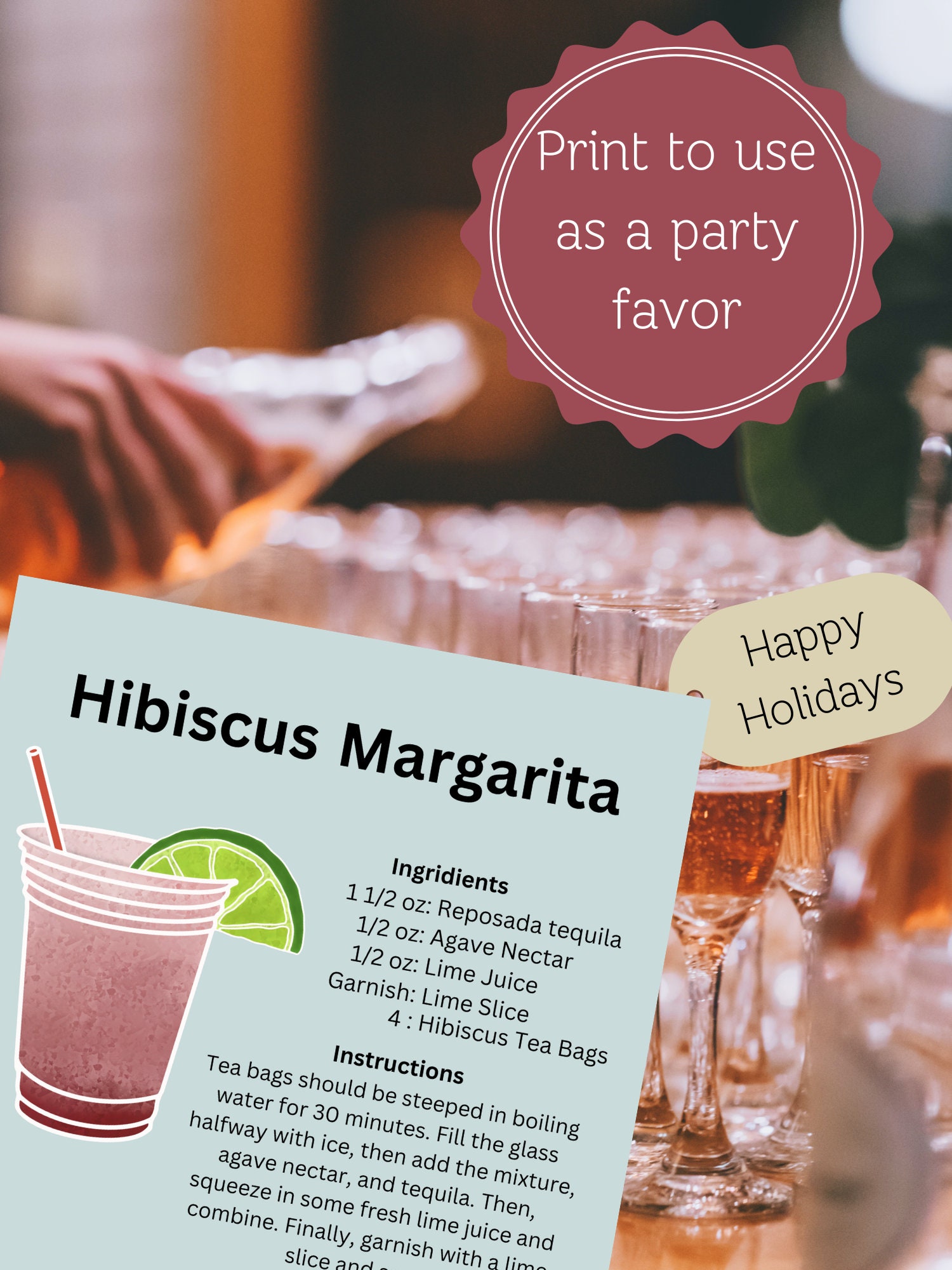 Hibiscus Margarita Recipe Card | Cocktail Recipe | Drink Card | Recipe Wall Art | Printable ...