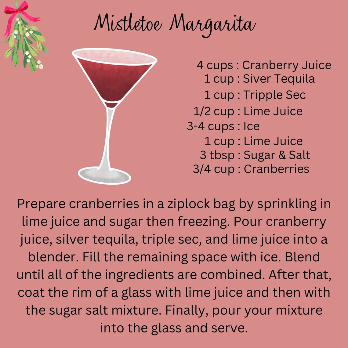 Mistletoe Margarita Recipe | Cocktail Recipe | Drink Recipe Card | Recipe Wall Art | Printable ...