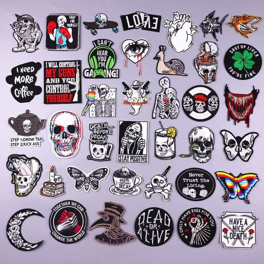 16 Pieces Rock Punk Skull Embroidered Iron-on Patches for Jackets