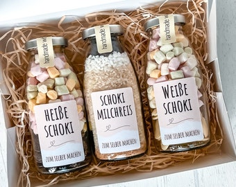 Geschenkset zum Selber machen: Do it yourself Gläser "Heiße Schoki & Schoki Milchreis"