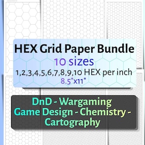 May include: A bundle of white paper sheets featuring black hexagonal grid patterns in 10 sizes, ranging from 1 to 10 hexes per inch. The sheets measure 8.5 inches by 11 inches. Text on the overlay reads: HEX Grid Paper Bundle, 10 sizes, 1,2,3,4,5,6,7,8,9,10 HEX per inch, 8.5"x11", DnD - Wargaming, Game Design - Chemistry - Cartography.
