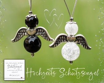 Schutzengel Hochzeit, Geschenk, Glücksbringer aus Edelstein Bergkristall und Obsidian silberne Flügel