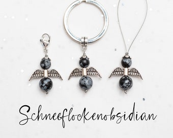 Schutzengel aus Edelstein Schneeflockenobsidian, Glücksbringer, Schutzstein, Charm, Anhänger, Schlüsselanhänger