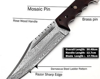 Damascus Bowie Knife - Handmade - Horizontal Carry Sheath Damascus Bowie Knife - Handmade - Horizontal Carry Sheath