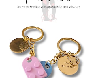 Porte-clé personnalisé double médaille avec gravure - Cadeau homme femme - Porte-clé prénom mariage anniversaire saint valentin