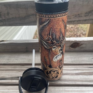 Hydro style brown leather deer design tumbler/your design/buck tumbler/deer hunting/animal nature/for the deer hunting lover/water bottle