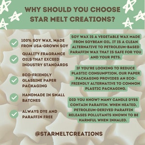 Pu&ograve; includere: Una grafica verde e bianca con il testo "WHY SHOULD YOU CHOOSE STAR MELT CREATIONS?" La grafica elenca i motivi per cui dovresti scegliere candele di cera di soia, tra cui il fatto che sono realizzate al 100% con cera di soia, sono ecologiche e sono sempre prive di coloranti e paraffina.