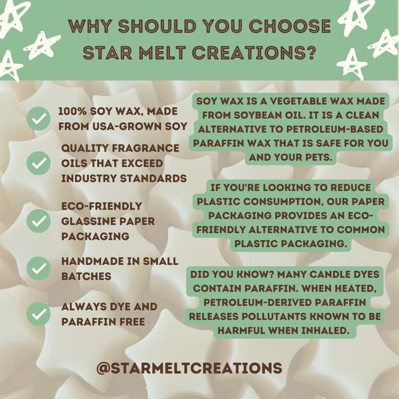 Pu&ograve; includere: Una grafica verde e bianca con il testo "WHY SHOULD YOU CHOOSE STAR MELT CREATIONS?" La grafica elenca i motivi per cui dovresti scegliere candele di cera di soia, tra cui il fatto che sono realizzate al 100% con cera di soia, sono ecologiche e sono sempre prive di coloranti e paraffina.