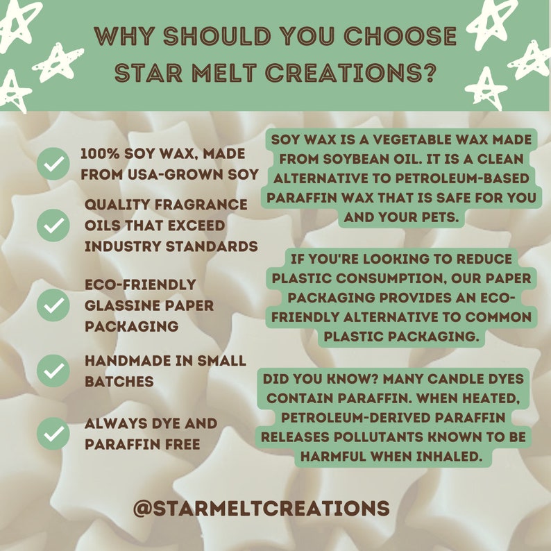 May include: A green and white graphic with the text "WHY SHOULD YOU CHOOSE STAR MELT CREATIONS?"  The graphic lists reasons why you should choose soy wax candles, including that they are made with 100% soy wax, are eco-friendly, and are always dye and paraffin free.