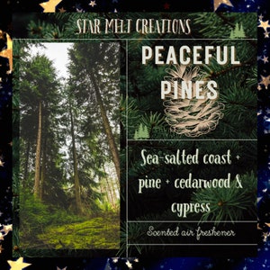 May include: A scented air freshener with a forest theme. The label reads "STAR MELT CREATIONS PEACEFUL PINES Sea-salted coast + pine + cedarwood & cypress Scented air freshener".