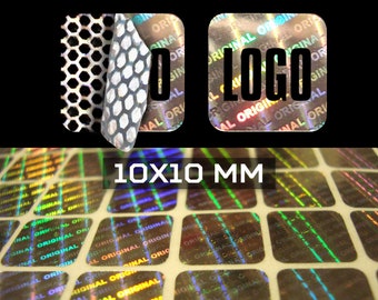 Personalized hologram seals for guarantee, security, adhesive labels, tamper-evident stickers 10 x 10 mm (0.4 x 0.4 inch)