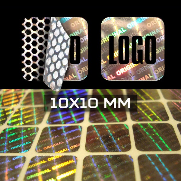 Personalized hologram seals for guarantee, security, adhesive labels, tamper-evident stickers 10 x 10 mm (0.4 x 0.4 inch)