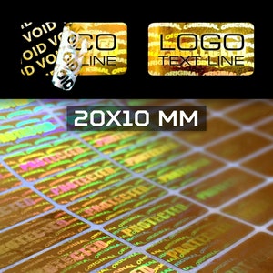 Sigilli ologrammi personalizzati di garanzia, sicurezza, etichette adesive bollini antimanomissione 20 X 10 mm (0.8 x 0.4 inch) color oro