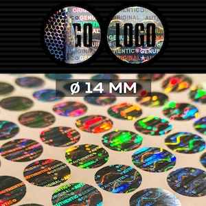 Op de afbeelding: Cirkelvormige holografische stickers met de tekst "GO LOGO" en "AUTHENTIC". De stickers hebben een diameter van 14 mm. De afbeelding toont een close-up van de stickers, met een verscheidenheid aan kleuren en patronen.