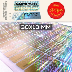Könnte beinhalten: Holografische Sicherheitsaufkleber, 30x10 mm, mit dem Text "COMPANY" und "WARRANTY VOID IF REMOVED." Die Aufkleber haben einen Regenbogeneffekt und sollen Manipulationen anzeigen. Ein rotes Siegel mit italienischem Text ist ebenfalls sichtbar.