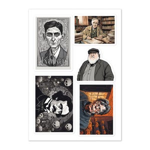 Może przedstawiać: Arkusz naklejek z ilustracjami postaci literackich. Zawiera portret Kafki z jego nazwiskiem, mężczyznę w bibliotece, mężczyznę z brodą i dwie ilustracje o tematyce grozy.